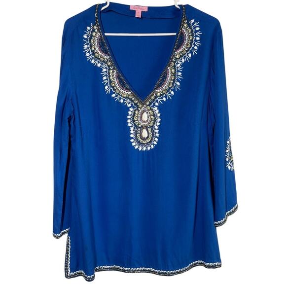 Lily Pulitzer Women M Blue Spectacular Jewel Beaded V-neck Tunic Top Coastal - Picture 1 of 9